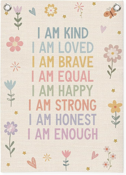Affirmations Wall Hanging Art for Kids, Flower Wall Art I Am Kind Linen Canvas by Unknown