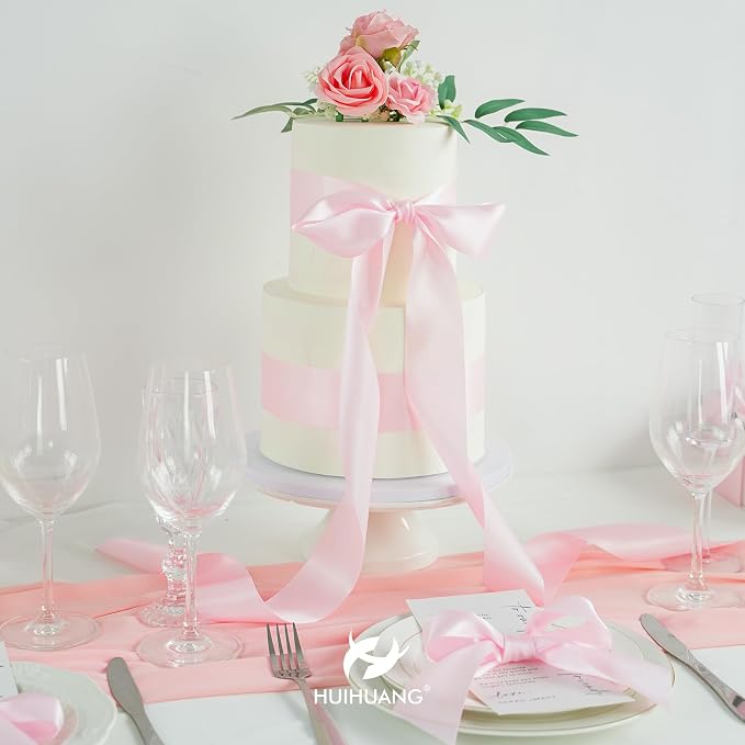 HUIHUANG Pink Ribbon 2 inch Wide Double-Faced Baby Pink Satin Silk Ribbon - Image 5