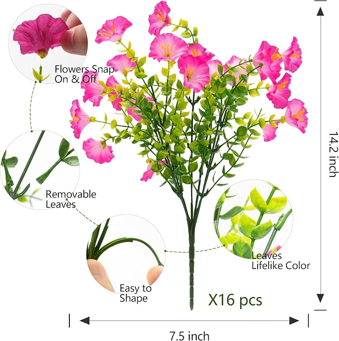 Artificial Flowers Fake Plants for Outdoor Indoor Decoration, 16 Bundles UV - Image 2
