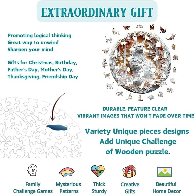 Wooden Puzzles Adults, 3D Cats Wooden Puzzles 300 Pieces, Unique Animal Shaped - Image 2