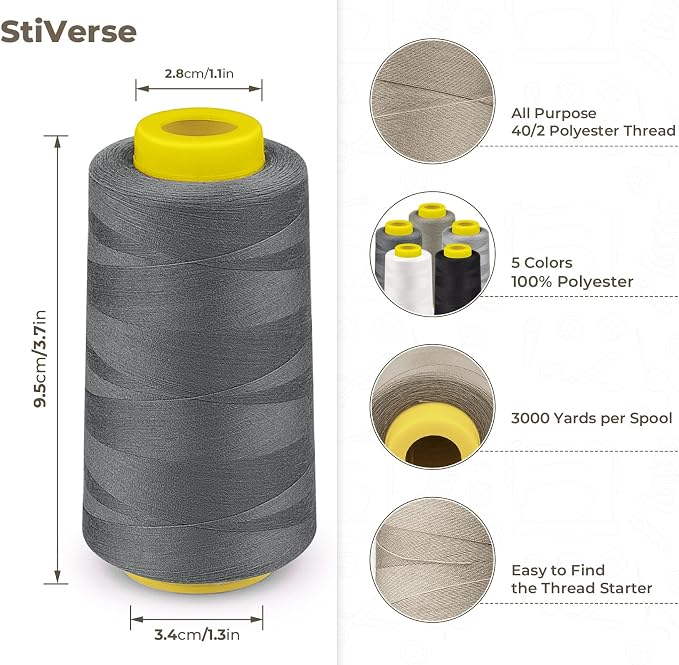 3000 Yards Serger Thread, 5 Colors Cones of All Purpose Thread - Image 2