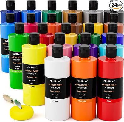 Nicpro 24 Colors Large Bulk Acrylic Paint Set, Rich Pigments Non Toxic by Nicpro