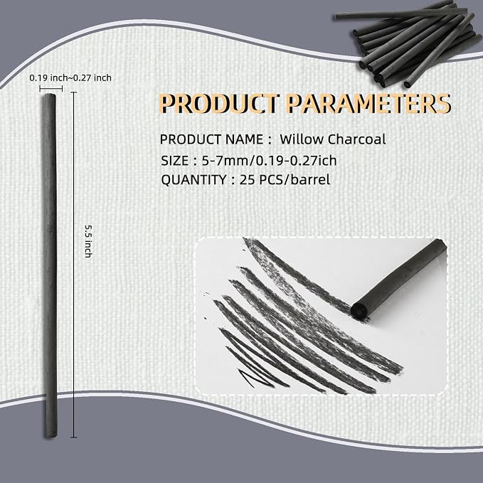25 PCS Willow Charcoal Sticks, and Fine Art, 5.7 Inches Long - Image 2