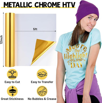 TECKWRAP Gold HTV Heat Transfer Vinyl 12" x 5ft Chrome Gold Vinyl - Image 2