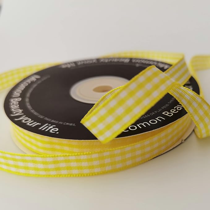 Yellow and White Gingham Plaid Checked Ribbon 25 Yards Per Roll Checkerd Craft - Image 6