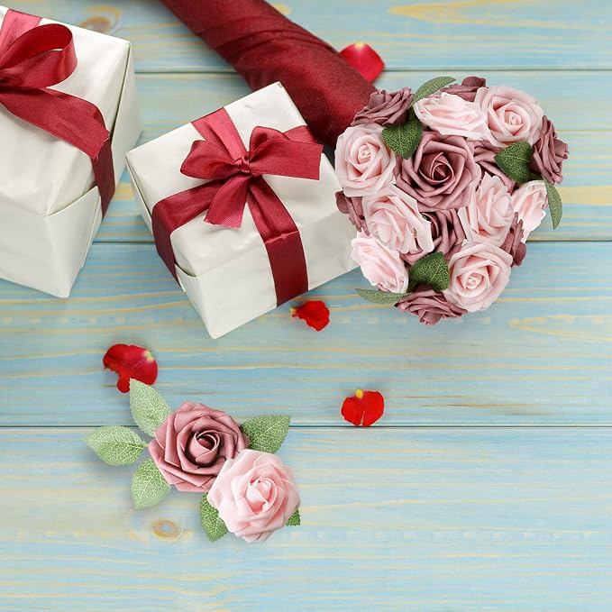 AmyHomie Artificial Flower Warm Taupe & Nude Rose 25pcs Real Looking Fake Roses - Image 6