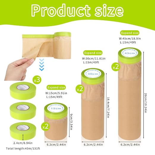 6 Rolls Pre-Taped Paint Masking Paper and 3 Masking Tape, 50 Feet/ Roll - Image 2
