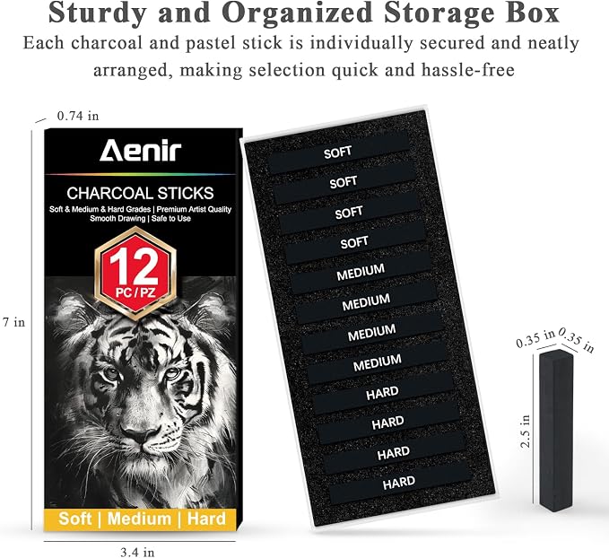 Compressed Charcoal Sticks Set of 12 – Soft, Hard Charcoal - Image 3