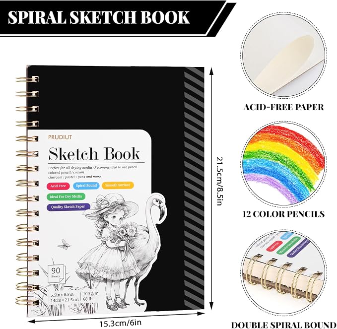 Sketch Book with 12 Color Pencil Set, 90 Sheets Spiral Sketchbook - Image 3