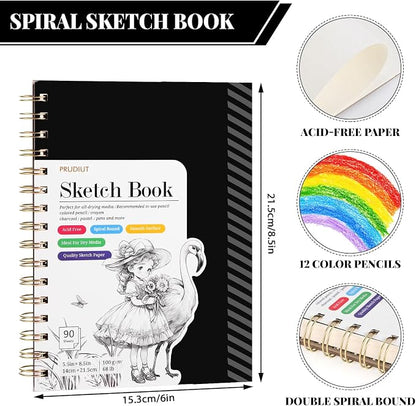 Sketch Book with 12 Color Pencil Set, 90 Sheets Spiral Sketchbook - Image 3