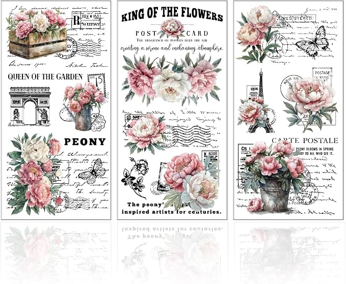 GLOBLELAND 3 Sheets Vintage Pink Peony Background Furniture Transfer 6x12inch by GLOBLELAND