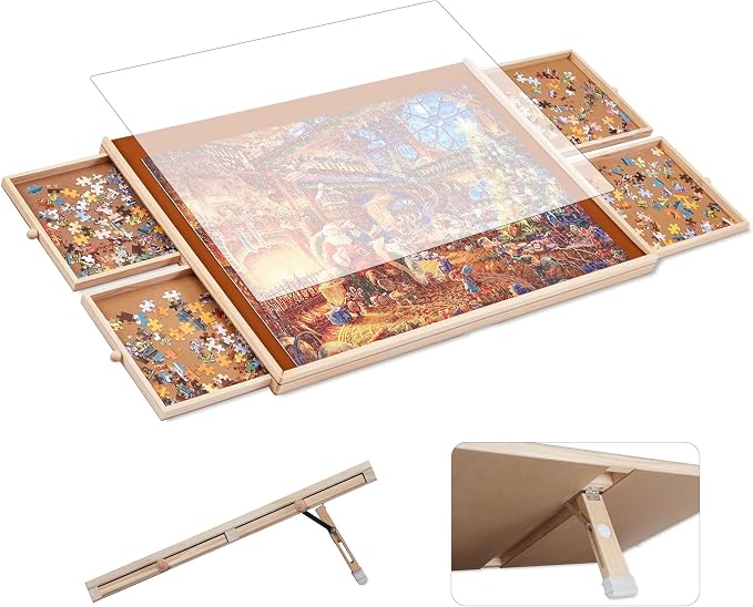 Tilting Puzzle Board with Drawers and Cover, 1000 Piece, Portable Wooden Jigsaw by Unknown