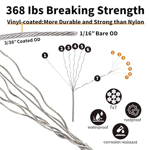 1/16" Wire Rope Kit, 30M/100FT Vinyl Coated 304 Stainless Steel Cable, String - Image 3