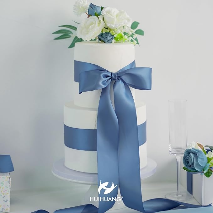 HUIHUANG Smoke Blue Ribbon 2 inch Wide Double-Faced Blue Satin Ribbon - Image 5