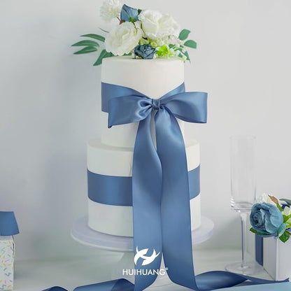 HUIHUANG Smoke Blue Ribbon 2 inch Wide Double-Faced Blue Satin Ribbon - Image 5