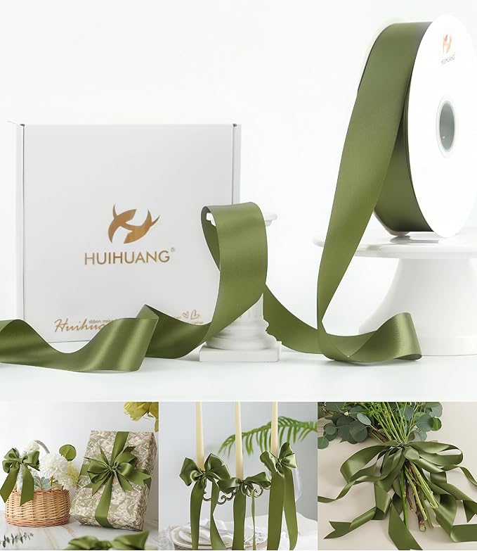HUIHUANG Green Satin Ribbon 1-1/2 inch x 100 Yards Moss Green Double-Faced by HUIHUANG