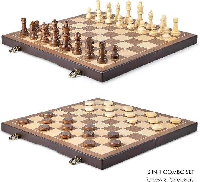 AMEROUS Magnetic Wooden Chess and Checkers Game Set, 15 Inches Chess Board Games - Image 2