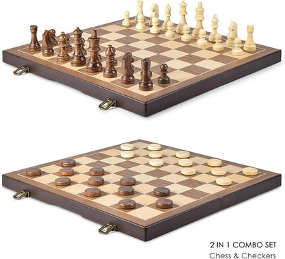AMEROUS Magnetic Wooden Chess and Checkers Game Set, 15 Inches Chess Board Games - Image 2