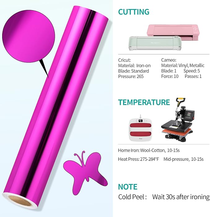 VINYL FROG Metallic Foil HTV Vinyl Roll 12" x5ft Fushcia Chrome Heat Transfer - Image 9