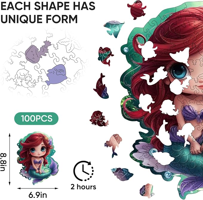 Wooden Puzzles for Adult and Kids, 100 Pieces Ocean Puzzle, Mermaid Unique - Image 2