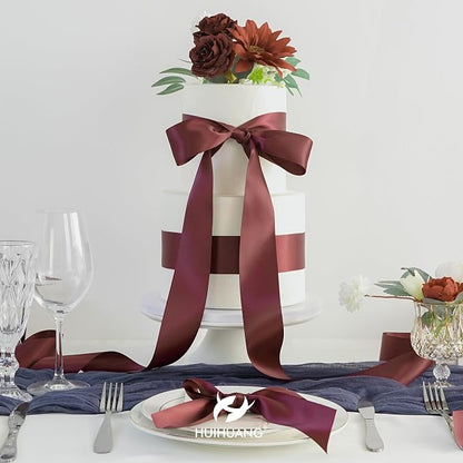 HUIHUANG Burgundy Ribbon 2 inch Double Side Burgundy Satin Fabric Ribbon - Image 4