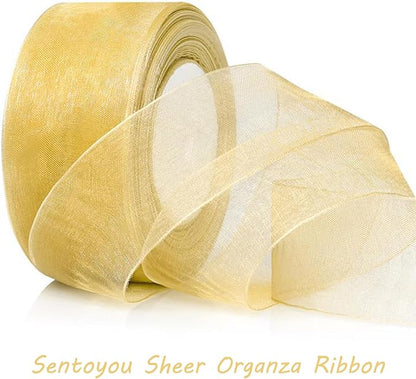 Gold Ribbon for Gift Wrapping, 1 inch 50Yard Sheer Organza Ribbon for Flower - Image 5