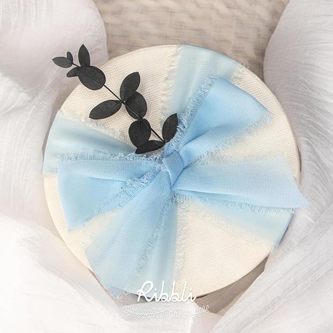 Ribbli Baby Blue Chiffon Ribbon 1-1/2 inch x 20 Yard Handmade Fringe Chiffon - Image 4