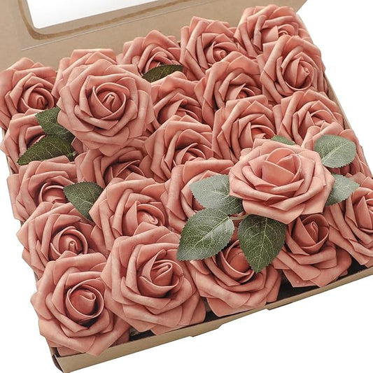 Floroom Artificial Flowers 25pcs Real Looking Dusty Pinky Cedar Foam Fake Roses by Floroom