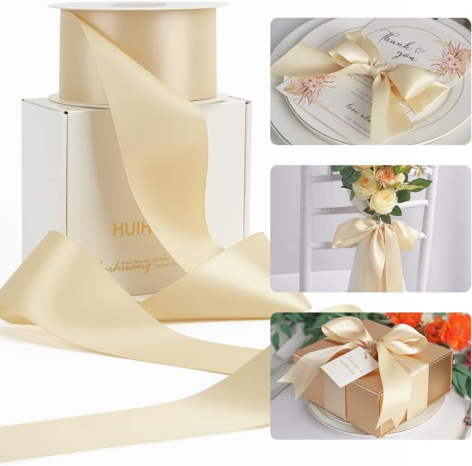 HUIHUANG Champagne Gold Ribbon 2 inch Double-Faced Champagne Satin Ribbon by HUIHUANG