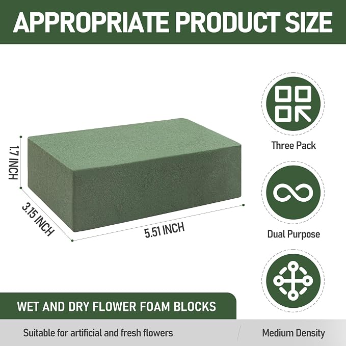 RIDEHILL 3 Pack Floral Foam Blocks, 5.5" x 3.1" x 1.7" Flower Foam - Image 2