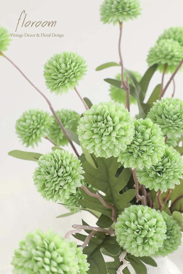 Floroom 5pcs Elf Green Faux Silk Mums Artificial Flowers, Bulk Fake Small Mini - Image 3
