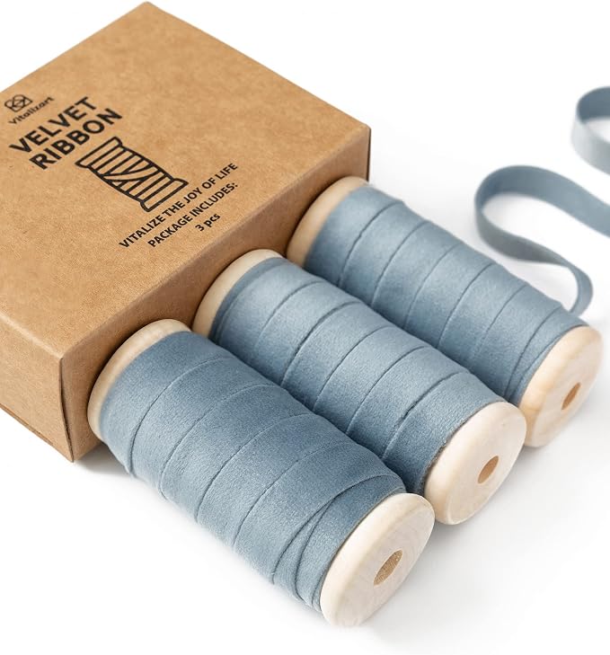 Vitalizart Dusty Blue Velvet Ribbon Set 3/8" x 15 Yd Wooden Spool Fabric Trim 3 by Vitalizart