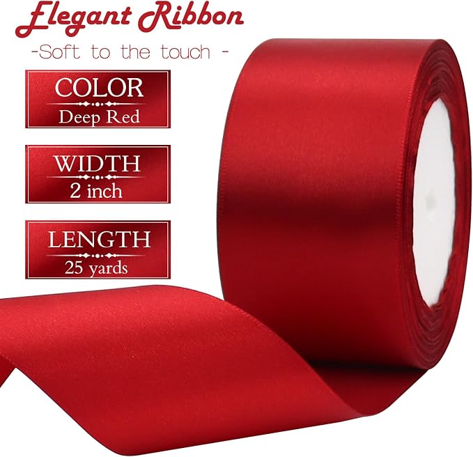 Deep red Solid Satin Ribbon 2 Inch 25 Yards Solid Polyester Fabric Ribbon - Image 3