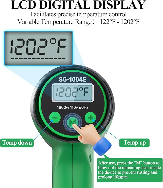 1800W Heat Gun with LCD Digital Display, Variable Temperature Control - Image 2