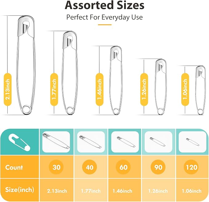 Huhuhero 340 Pack Safety Pins Assorted, Small & Large Heavy Duty Safety Pins - Image 2