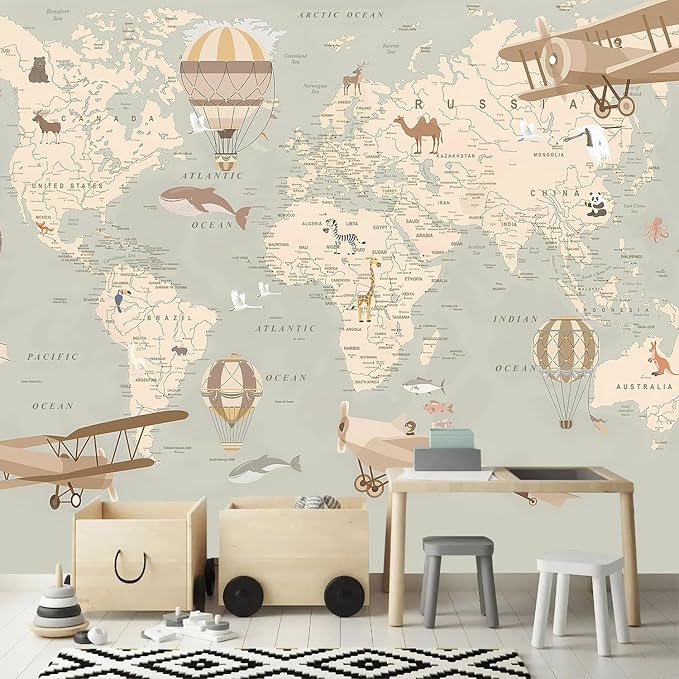 AFZEVEB-Vintage Animal Wallpaper Cartoon Aircraft Map Wall murals by all