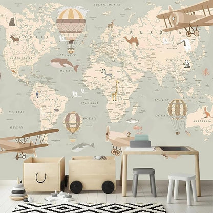 AFZEVEB-Vintage Animal Wallpaper Cartoon Aircraft Map Wall murals by all