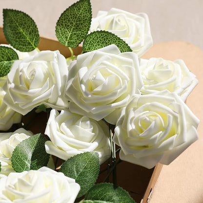 AmyHomie Artificial Flower Ivory Rose 25pcs Real Looking Fake Roses w/Stem - Image 3