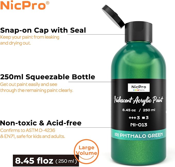 Nicpro Iridescent Green Acrylic Paint, 8.45oz / 250ml Large Bottle Green - Image 2