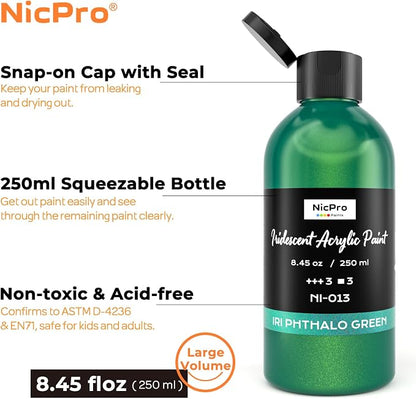 Nicpro Iridescent Green Acrylic Paint, 8.45oz / 250ml Large Bottle Green - Image 2