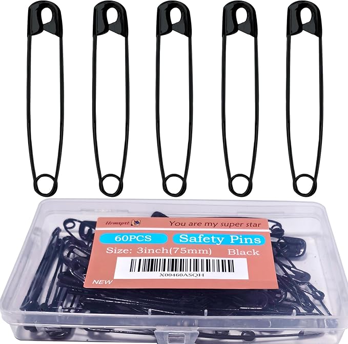 60PCS-3Inch Large Black Safety Pins, Rust-Resistant Nickel Plated Steel by Urmspst
