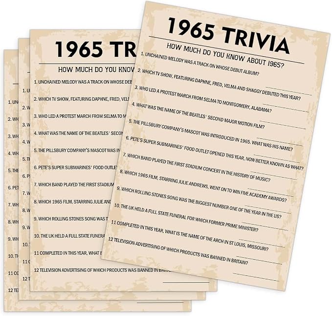 QUPT 60th Birthday Party Games, 1965 Trivia Games, Birthday Party Supplies by QUPT