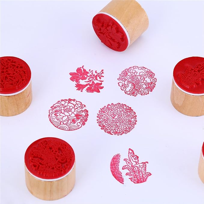 CCINEE 6pcs Round Rubber Stamps Floral Pattern Wooden Stamps - Image 6