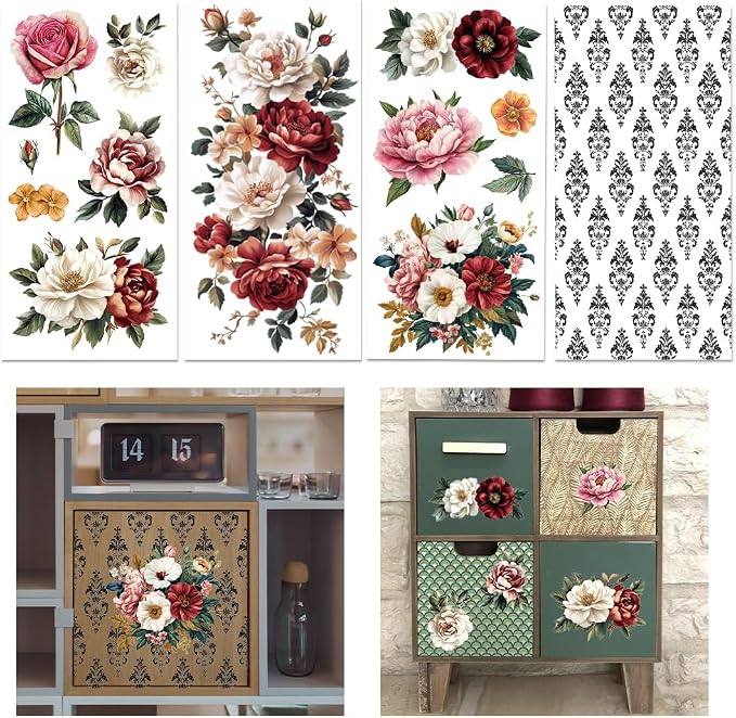 GLOBLELAND 4 Sheets Vintage Peony Flowers Transfer 11.8x5.9inch Flower by GLOBLELAND