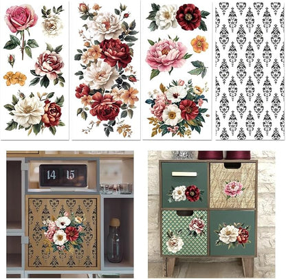 GLOBLELAND 4 Sheets Vintage Peony Flowers Transfer 11.8x5.9inch Flower by GLOBLELAND