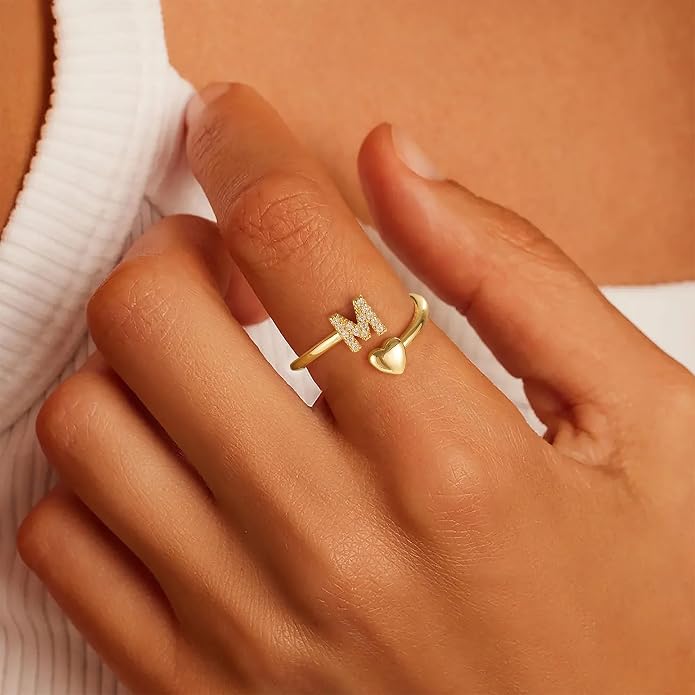 Gold Initial Rings for Women Girls, Dainty 14K Gold Plated Adjustable Initial - Image 2