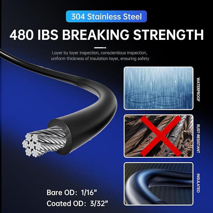 164FT Black Vinyl-Coated 304 Stainless Steel Cable – Heavy Duty String Lights - Image 4