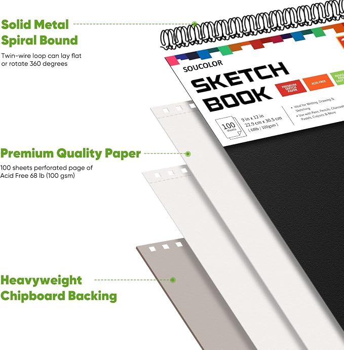 Soucolor Artist 9x12 Sketch Book Set, 4 Pack 100-Sheet Spiral Drawing Pads | - Image 2