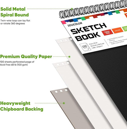 Soucolor Artist 9x12 Sketch Book Set, 4 Pack 100-Sheet Spiral Drawing Pads | - Image 2