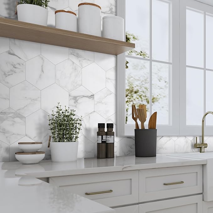 45-Sheet Hexagon Peel and Stick Backsplash, Stone Composite Stick on Decorative - Image 6